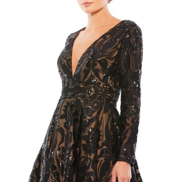MAC DUGGAL Black Nude Sequin Lace Burnout Embellished A-Line Dress Size 4 NWT - Picture 3 of 16